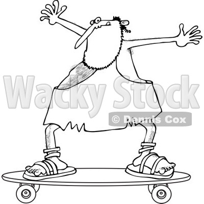 Clipart of a Black and White Skateboarding Caveman Holding His Arms up - Royalty Free Vector Illustration © djart #1249448
