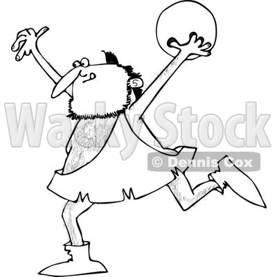 Clipart of a Black and White Caveman Running with a Bowling Ball - Royalty Free Vector Illustration © djart #1251014