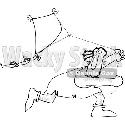 Clipart of a Black and White Caveman Running and Flying a Kite - Royalty Free Vector Illustration © djart #1251505