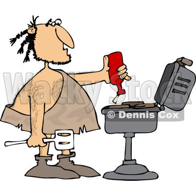 Clipart of a Caveman Squeezing Ketchup on Meat on a Bbq Grill - Royalty Free Vector Illustration © djart #1251852
