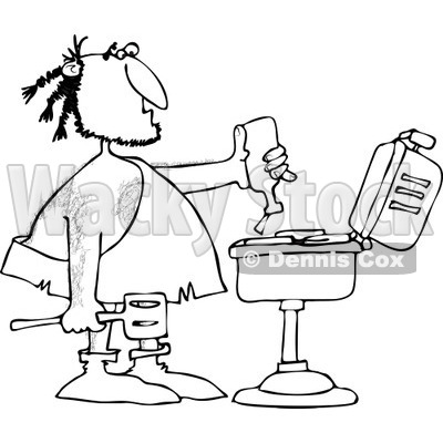 Clipart of a Black and White Caveman Squeezing Ketchup on Meat on a Bbq Grill - Royalty Free Vector Illustration © djart #1251853