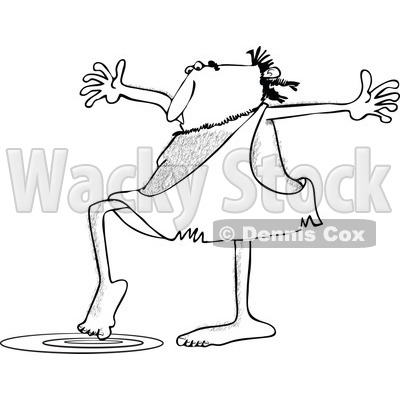 Clipart of a Black and White Caveman Testing Water with a Toe - Royalty Free Vector Illustration © djart #1254836