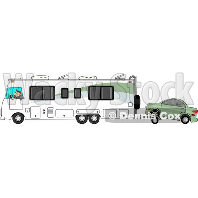 Clipart of a Caucasian Man Driving a Class a Motorhome and Towing a Car with a Dolly - Royalty Free Illustration © djart #1256067
