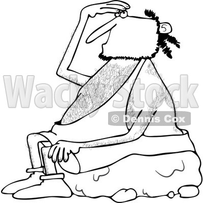 Clipart of a Black and White Caveman Sitting on a Boulder and Looking up - Royalty Free Vector Illustration © djart #1256075