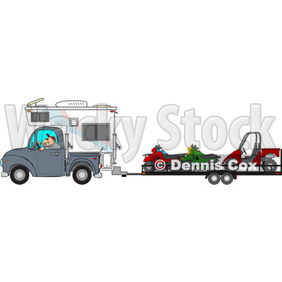 Clipart of a Caucasian Man Driving a Truck and Camper and Towing Atvs and a Utv - Royalty Free Vector Illustration © djart #1256635