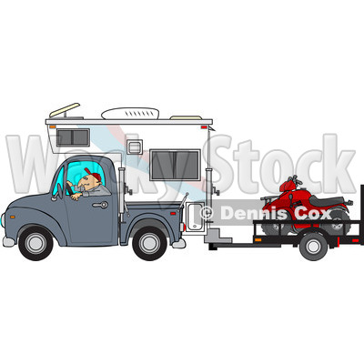 Clipart of a Caucasian Man Driving a Truck and Camper and Towing an Atv - Royalty Free Vector Illustration © djart #1256638