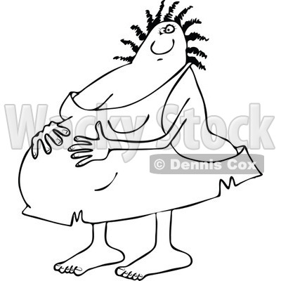 Clipart of a Black and White Pregnant Cavewoman Holding Her Belly - Royalty Free Vector Illustration © djart #1258124