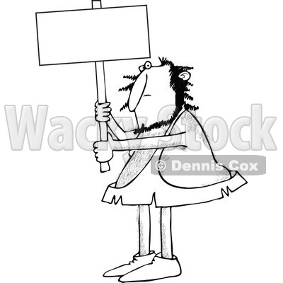 Clipart of a Black and White Hairy Caveman Holding up a Blank Sign - Royalty Free Vector Illustration © djart #1258128