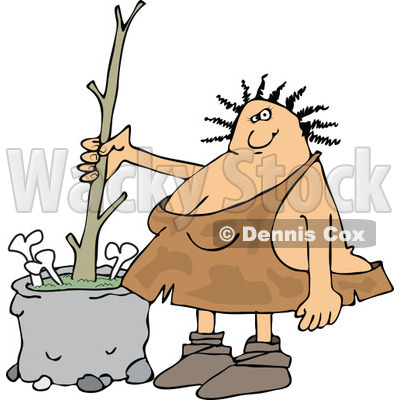 Clipart of a Chubby Cavewoman Stirring Bone Soup with a Stick - Royalty Free Vector Illustration © djart #1258133