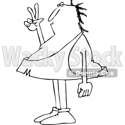 Clipart of a Black and White Caveman Gesturing Peace - Royalty Free Vector Illustration © djart #1261816