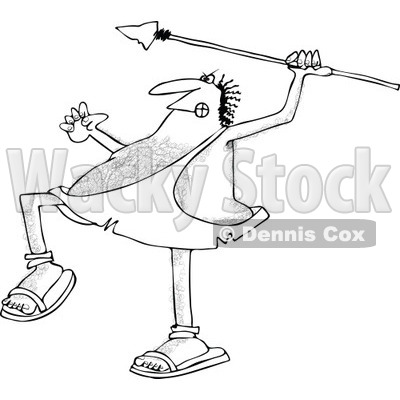 Clipart of a Black and White Hairy Caveman Throwing a Spear - Royalty Free Vector Illustration © djart #1266822