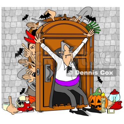 Clipart of a Dracula Vampire Hoarder Trying to Keep Bodies and Items in a Full Closet - Royalty Free Illustration © djart #1269079