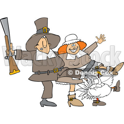 Clipart of a Thanksgiving Turkey Bird and Pilgrim Couple Dancing the Can Can - Royalty Free Vector Illustration © djart #1269329