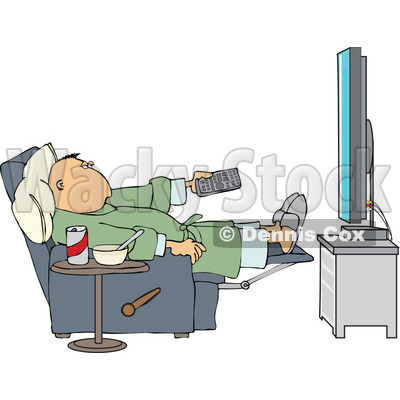 Clipart of a Relaxed White Man Sitting in a Chair with Food at His Side and Pointing a Remote at a Flat Screen TV - Royalty Free Vector Illustration © djart #1272910