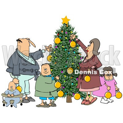 Clipart of a Caucasian Family of Five Decorating a Christmas Tree Together - Royalty Free Illustration © djart #1274402