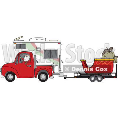 Clipart of Santa Claus in Pajamas, Driving a Pickup Truck with a Camper and His Christmas Sleigh on a Trailer - Royalty Free Vector Illustration © djart #1276495