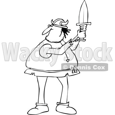 Cartoon Clipart of a Black and White Chubby Male Viking Holding up a Short Sword - Royalty Free Vector Illustration © djart #1281214