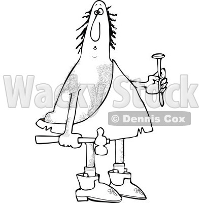Clipart of a Black and White Hairy Caveman Holding a Nail and Hammer - Royalty Free Vector Illustration © djart #1288864