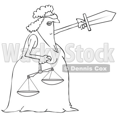 Clipart of a Black and White Tough Blindfolded Lady Justice Holding Scales and Pointing with a Sword - Royalty Free Vector Illustration © djart #1289081