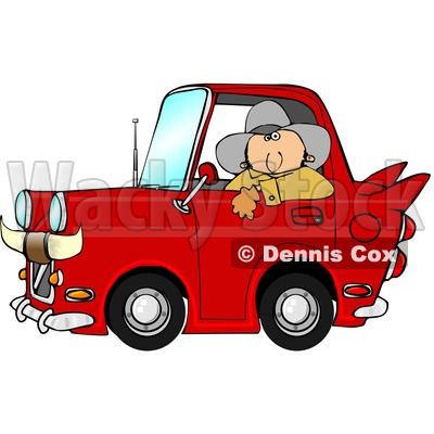 Clipart of a White Cowboy Looking out of the Window of His Red Vintage Car with Horns on the Front - Royalty Free Illustration © djart #1290064