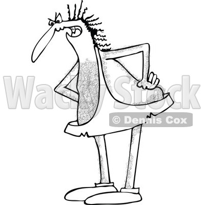 Clipart of a Black and White Mad Hairy Caveman Scolding with His Hands on His Hips - Royalty Free Vector Illustration © djart #1290757