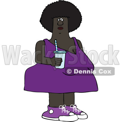Clipart of a Chubby Black Woman in a Purple Dress, Holding a Fountain Soda - Royalty Free Vector Illustration © djart #1290764