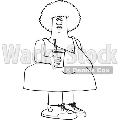Clipart of a Chubby Outlined Black Woman Holding a Fountain Soda - Royalty Free Vector Illustration © djart #1290765