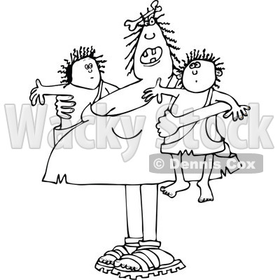 Clipart of a Chubby Black and White Cavewoman Mom Holding Twin Boys - Royalty Free Vector Illustration © djart #1290833