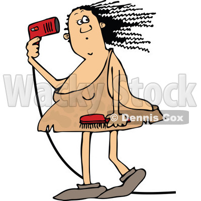 Clipart of a Chubby Cavewoman Blow Drying Her Hair - Royalty Free Vector Illustration © djart #1292847