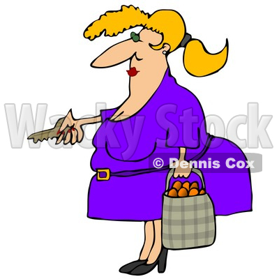 Chubby Woman Unlocking Her Door and Carrying a Bag of Oranges Clipart 