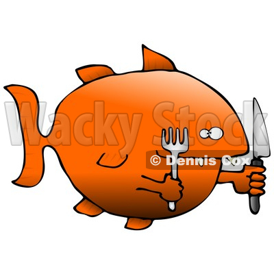 Hungry Killer Goldfish With a Fork and Knife Clipart Graphic Illustration © djart #12951