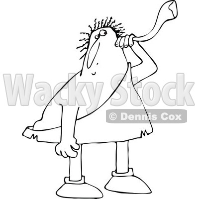 Lineart Clipart of a Black and White Chubby Deaf Caveman Using an Ear Horn - Royalty Free Outline Vector Illustration © djart #1296368