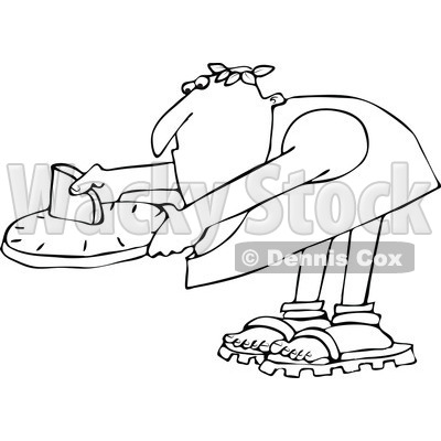 Lineart Clipart of a Black and White Chubby Roman Man Bending over and Using a Sundial - Royalty Free Outline Vector Illustration © djart #1296372
