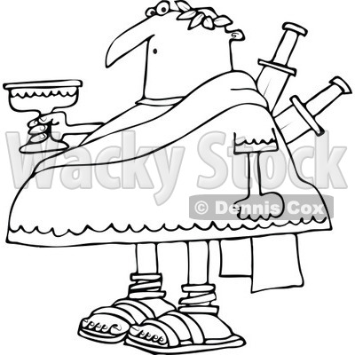 Clipart of a Black and White Chubby Julius Caesar Holding a Goblet, with Knives Stabbed in His Back - Royalty Free Vector Illustration © djart #1297786