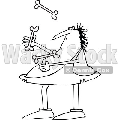 Lineart Clipart of a Black and White Chubby Caveman Juggling Bones - Royalty Free Outline Vector Illustration © djart #1299480