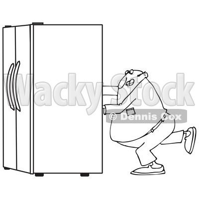 Lineart Clipart of a Black and White Chubby Man Using the Wall Behind Him to Push a Refrigerator out - Royalty Free Outline Vector Illustration © djart #1299491