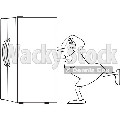 Lineart Clipart of a Black and White Woman Using the Wall Behind Her to Push a Refrigerator out - Royalty Free Outline Vector Illustration © djart #1299496