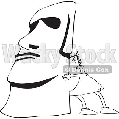 Clipart of a Black and White Chubby Caveman Pushing up a Monolith - Royalty Free Outline Vector Illustration © djart #1300269