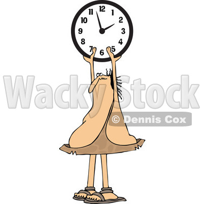Clipart of a Chubby Caveman Holding up a Wall Clock - Royalty Free Vector Illustration © djart #1300328
