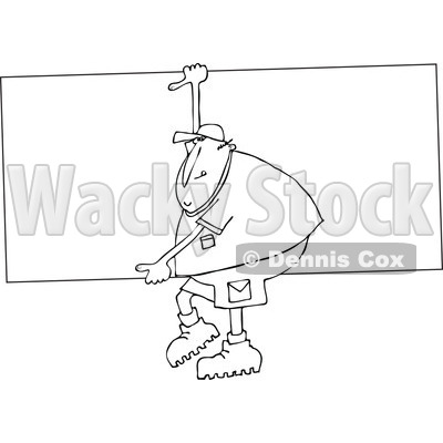 Lineart Clipart of a Black and White Cartoon Chubby Man Carrying a Big Board - Royalty Free Outline Vector Illustration © djart #1303061