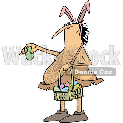 Clipart of a Cartoon Hairy Caveman Wearing Bunny Ears, Holding a Basket and an Easter Egg - Royalty Free Vector Illustration © djart #1303282