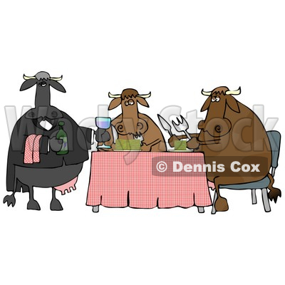 Male Cow Waiting Tables and Serving Wine to a Dining Cow Couple Clipart Illustration © djart #13037