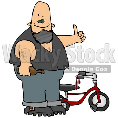 Biker Man With Tattoos, Holding a Beer Bottle and Standing by His Tricycle 