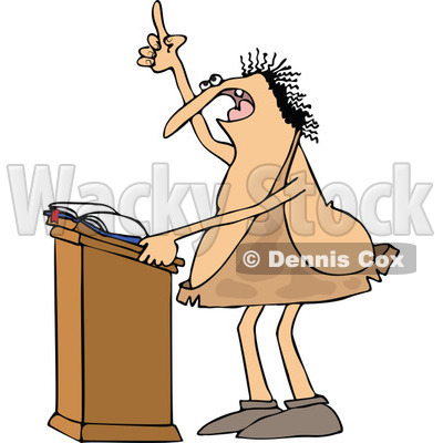 Clipart of a Cartoon Chubby Caveman Giving a Sermon at a Podium - Royalty Free Vector Illustration © djart #1305091