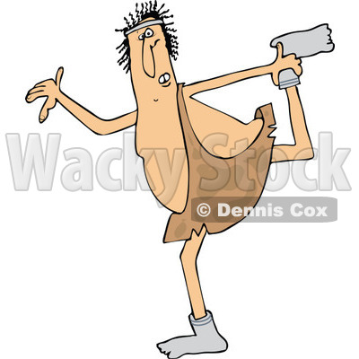Clipart of a Cartoon Chubby Caveman Wearing Socks and Stretching - Royalty Free Vector Illustration © djart #1305094
