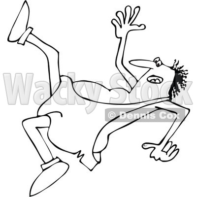 Lineart Clipart of a Cartoon Black and White Chubby Caveman Falling Backwards - Royalty Free Outline Vector Illustration © djart #1305097