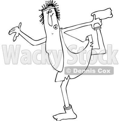 Lineart Clipart of a Cartoon Black and White Chubby Caveman Wearing Socks and Stretching - Royalty Free Outline Vector Illustration © djart #1305102