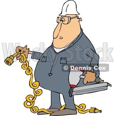 Clipart of a Cartoon Chubby White Male Construction Worker Holding a Nailer and Plug - Royalty Free Vector Illustration © djart #1305117