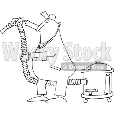 Lineart Clipart of a Cartoon Black and White Chubby Worker Man Using a Shop Vacuum - Royalty Free Outline Vector Illustration © djart #1305581