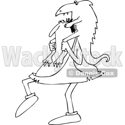 Lineart Clipart of a Cartoon Chubby Black and White Caveman Carrying a Giant Lizard on His Shoulders - Royalty Free Outline Vector Illustration © djart #1305933